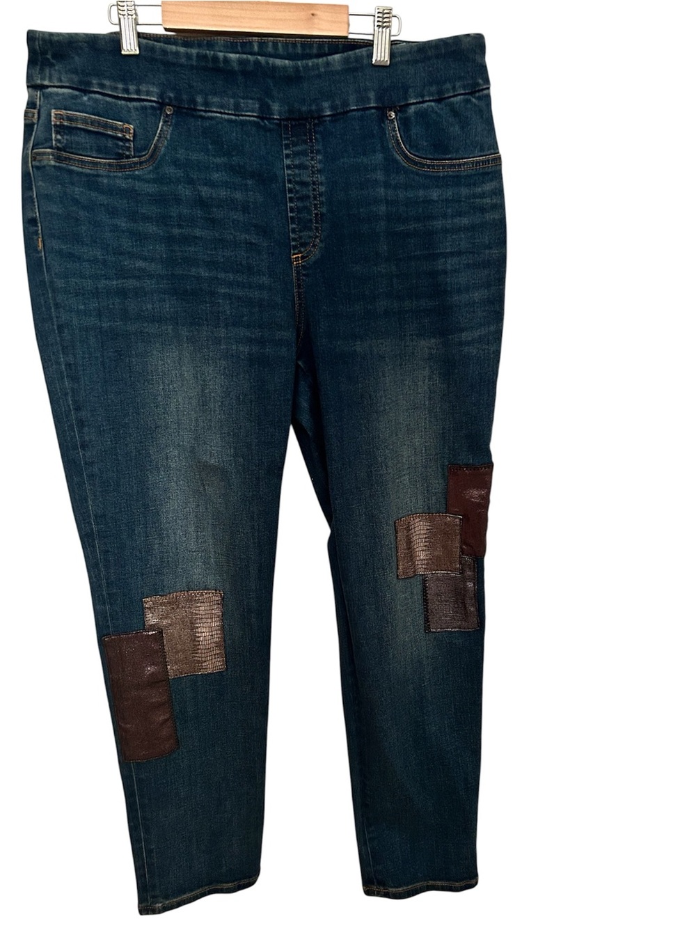 Chico's Dark Blue Patchwork Cropped Jeans with Brown Accents